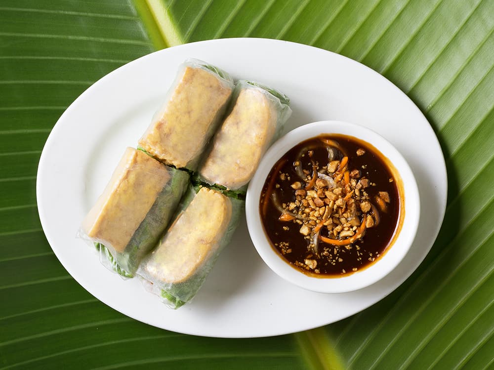 Vegetarian tofu spring rolls with fresh herbs and lettuce