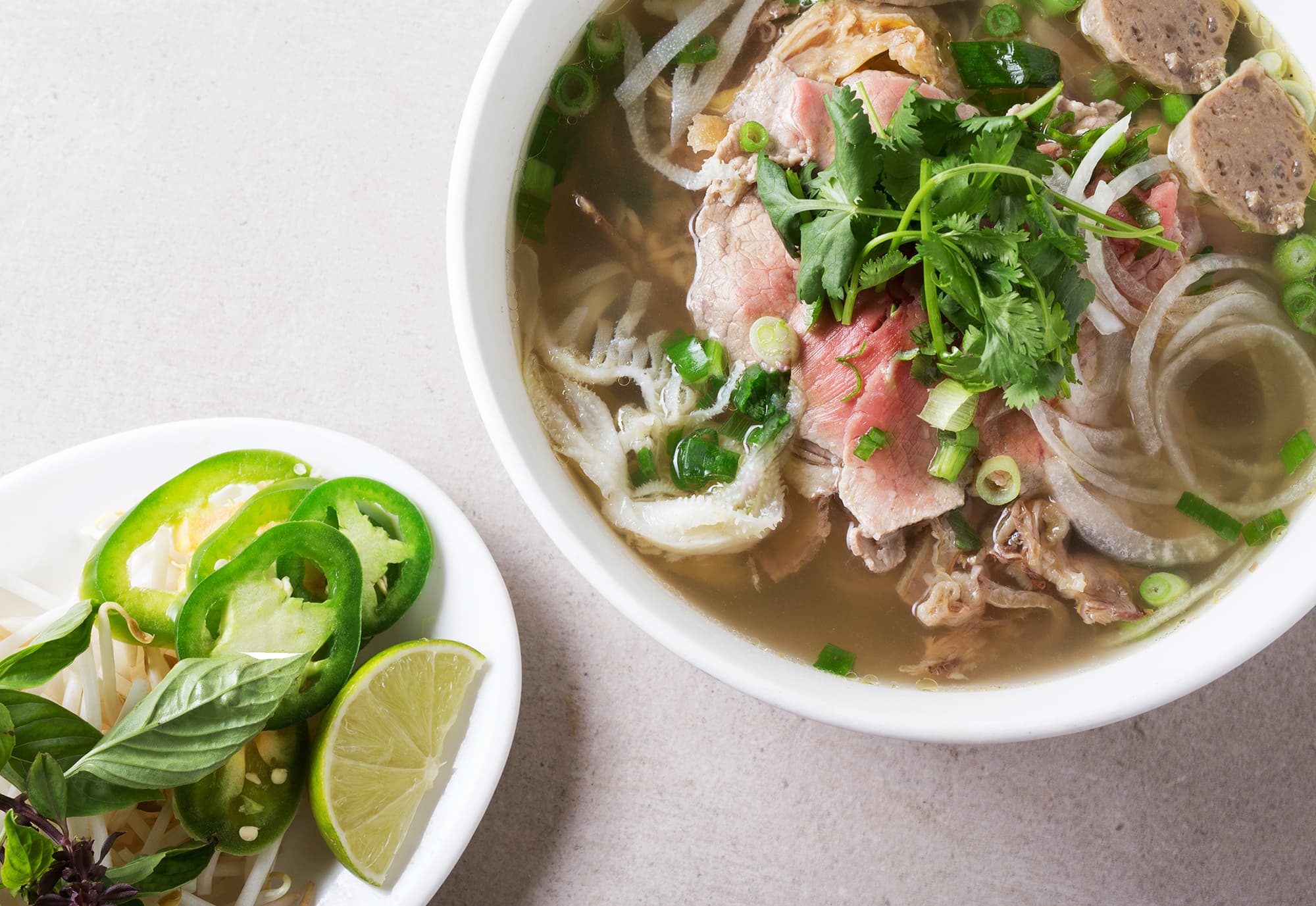 Special combination pho with rare steak, brisket, tendon, tripe, and meatballs